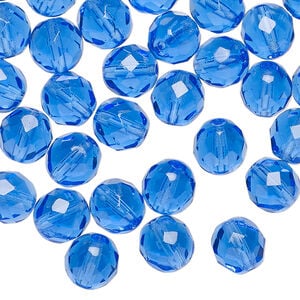 Bead, Czech fire-polished glass 1pkg50, translucent light cobalt, 8mm faceted round.