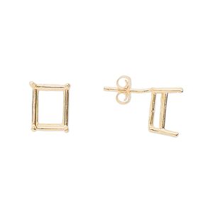 Earstud 1pkg2 Sure-Set&trade; 14Kt gold, 10x8mm emerald cut pre-notched 4-prong basket-style setting / earnuts, 1 pair
