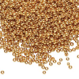 Seed bead, Preciosa Ornela Czech glass, pkg/50g, #11 rocaille, opaque dark gold finish metallic clear, (18389).