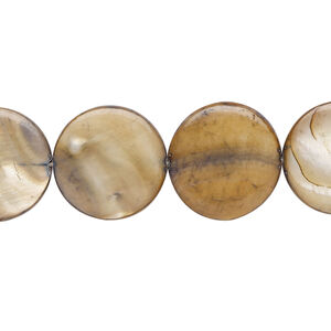 Mother-of-pearl shell 1pkg1, puffed flat round bead 15 inch light brown 14-15mm