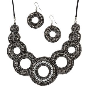 Necklace and earring set, glass / velveteen / waxed cotton cord / silver-plated steel, gunmetal / grey / black, 4-3/4 inches with circle design, adjustable up to 26 inches with macram&eacute; knot closure, 1-1/4 inch earrings with fishhook ear wire. Sold per set.
