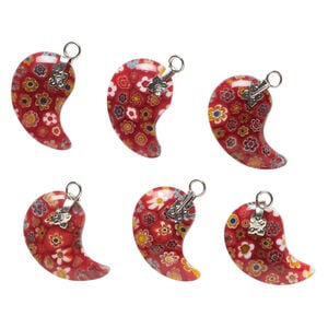 Drop, millefiori glass and silver-finished steel 1pkg6, translucent red and multicolored, 23x18mm-24x20mm paisley.