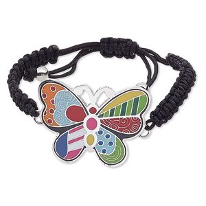 Bracelet, enamel / waxed cotton cord / stainless steel, multicolored, 44x33mm butterfly, adjustable from 6-1/2 to 10-1/2 inches with macram&eacute; knot closure. Sold individually.