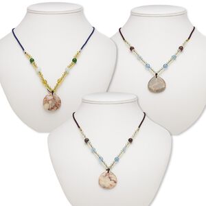 Multi-gemstone / acrylic / glass 1pkg3, teardrop pendant necklace mix continuous loop 20-24 inch 29x28mm-31x31mm