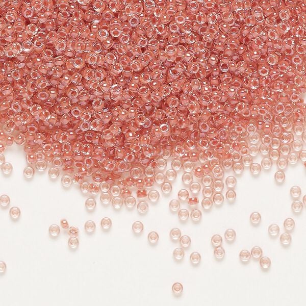 Seed bead, Miyuki, glass, pkg/35g, #15 rocaille, translucent salmon-lined luster crystal clear (RR-214). image number 0