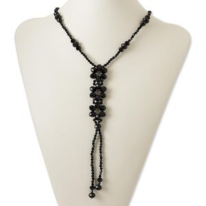 Necklace, glass and brass, black, 7-inch dangle with 4mm rondelle, 26-inch continuous loop. Sold individually.