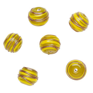 Bead, lampworked glass 1pkg6, translucent yellow / copper-colored glitter, 15x12mm rondelle with swirl.
