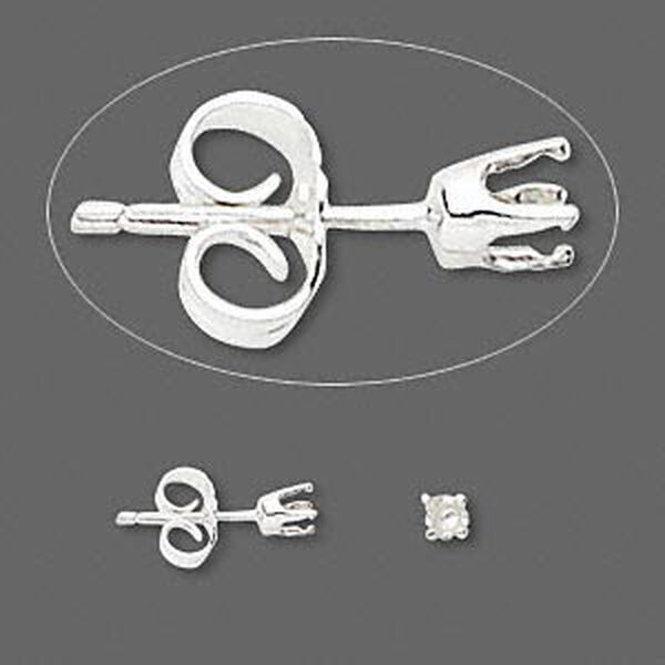 Earstud 1pkg2 Sure-Set&trade; sterling silver, 3mm round pre-notched 4-prong setting / earnuts, 1 pair image number 0