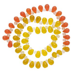 Bead, glass, translucent matte orange, light yellow and yellow, 8x6mm top-drilled teardrop with irregular rondelles. Sold per 14-inch strand.