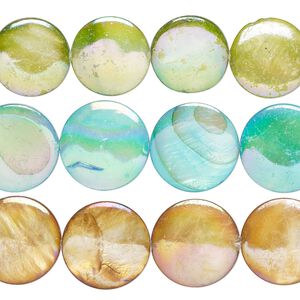 Mother-of-pearl shell 1pkg3, puffed flat round bead mix 15 inch multicolored AB 16-21mm