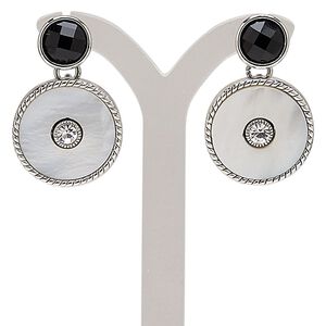 Earring, mother-of-pearl shell (bleached) / acrylic / glass rhinestone / antique silver-plated "pewter" (zinc-based alloy) 1pkg2, white / black / clear, 32mm with flat round, 1 pair.