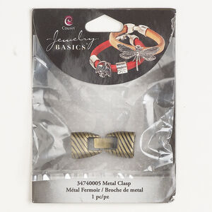 Clasp fold-over 1pkg1 "pewter" (zinc alloy), 35x13mm corrugated / glue-in ends, antique brass-finished 1-strand