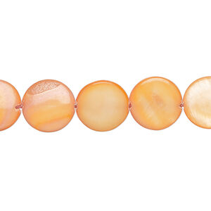 Mother-of-pearl shell 1pkg1, puffed flat round bead 15 inch orange 11-12mm