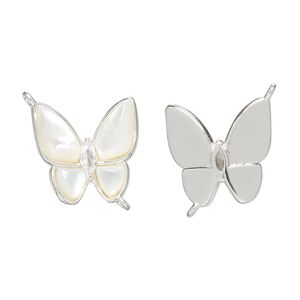 Link, brass / mother-of-pearl shell (bleached) / glass rhinestone, 16mm butterfly 1pkg1, silver finish / white / clear