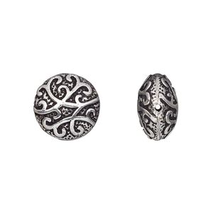 Bead 1pkg2 silver-plated, 14mm fancy puffed flat round, brass antique