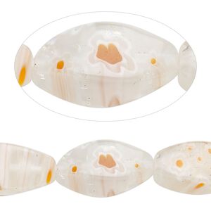 Bead, millefiori glass, translucent clear / orange / white, 20x10mm 4-sided twisted oval with flower design. Sold per 14-inch strand.