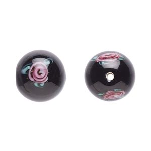 Bead, Czech lampworked glass, opaque black / pink / green, 12-13mm round with flower design. Sold per pkg of 4.