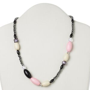 Necklace, acrylic / glass pearl / steel, multicolored, 10x6mm-29x19mm oval, 18 inches with lobster claw clasp and 3-inch extender chain. Sold individually.