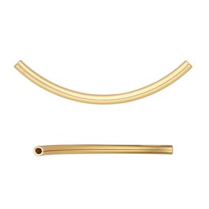 Bead 1pkg10 gold-plated, 38x2mm curved tube, brass / satin