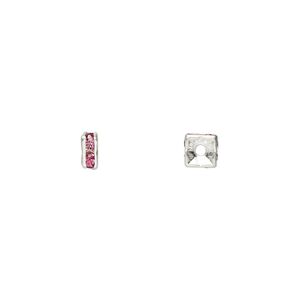 Bead 1pkg10 silver-plated, 4x2mm squaredelle, brass / rose rhinestone