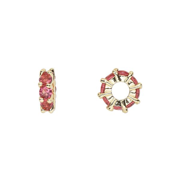 Bead 1pkg2 gold-plated, 10.5x3.5mm rondelle, brass / fuchsia cubic zirconia image number 0