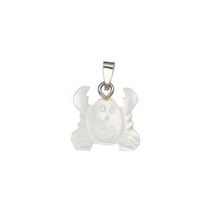 Pendant, mother-of-pearl shell (bleached) / antique silver-finished "pewter" (zinc-based alloy) / steel 1pkg1, 13x12mm-14x13mm single-sided carved crab.