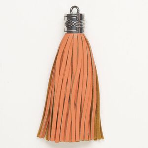 Tassel, "pewter" (zinc-based alloy) and faux leather, pkg/1, silver finish/salmon/brown, 4 inches.