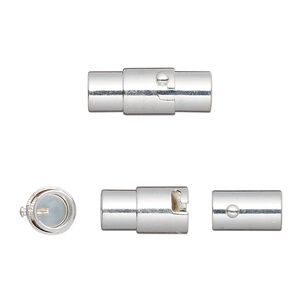 Clasp magnetic 1pkg2, 18x7mm round locking tube / fits 5mm cord, silver-finished brass 1-strand