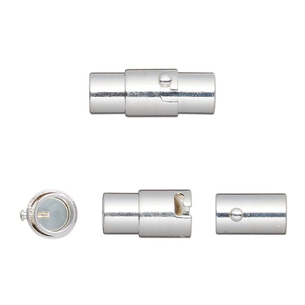 Clasp magnetic 1pkg2, 18x7mm round locking tube / fits 5mm cord, silver-finished brass 1-strand image number 0