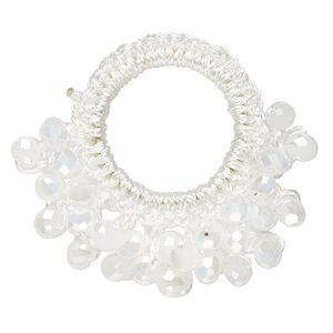 Focal, glass / nylon / steel, white AB, 34x32mm-37x34mm open round with fringe. Sold per pkg of 4.