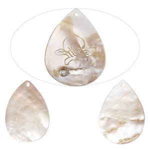 Focal, mother-of-pearl shell (natural/bleached) 1pkg3, 63x47mm-69x53mm top-drilled hand-carved teardrop with peach design.