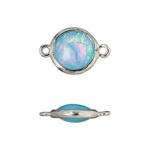 Link, Opalized Ice&trade;, "opal" (resin) and imitation rhodium-finished brass, opaque light blue, 14mm double-sided round .Sold per pkg of 4.