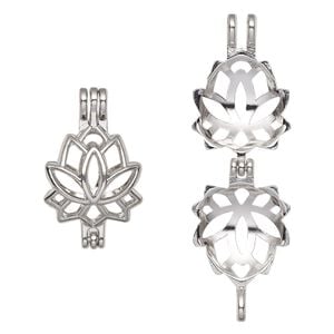 Pendant, imitation rhodium-finished "pewter" (zinc-based alloy), 26.5x16mm double-sided lotus bead cage with 12mm rivoli setting, fits up to 8mm bead. Sold individually.