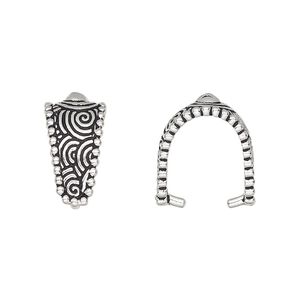 Bail, TierraCast&reg;, ice-pick, antique silver-plated pewter (tin-based alloy), 17x9mm with swirl design and beaded border, 12mm grip length. Sold per pkg of 2.