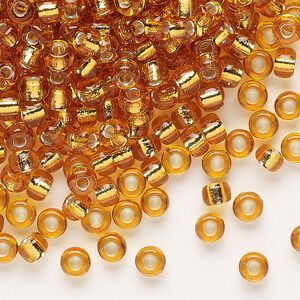 Seed bead, Miyuki, glass, pkg/25g, #6 rocaille, transparent silver-lined marigold (RR-2422).