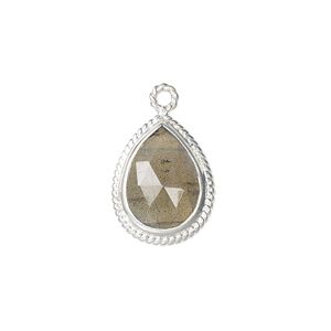 Drop, labradorite (natural) and sterling silver, 18x14mm-20x15mm hand-cut double-sided faceted teardrop with twisted wire design. Sold individually.
