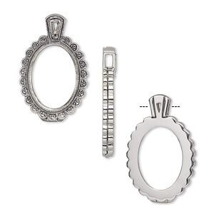 Pendant, Almost Instant Jewelry&reg;, antique silver-plated brass and rubber, 45x28.5mm single-sided hinged scalloped oval with 30x22mm oval setting. Sold individually.