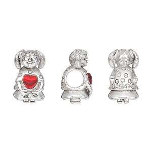Bead 1pkg1 silver-plated pewter, 15x9mm girl / heart, glass / red / antique Dione&reg;