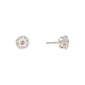Earstud, Create Compliments&reg;, sterling silver and crystal, pink, 7mm flower. Sold per pair.