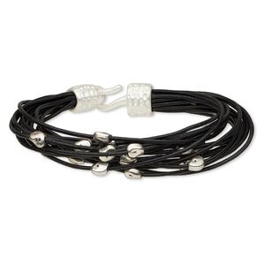 Bracelet, 16-strand, leather (dyed) and silver-finished "pewter" (zinc-based alloy), black, 17mm wide with matte mini nugget, 7-1/2 inches with hook-and-eye clasp. Sold individually.