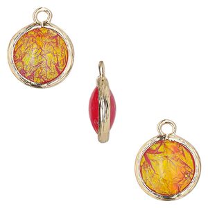 Drop, Opalized Ice&trade;, "opal" (resin) and gold-finished brass, orange, 14mm double-sided round. Sold per pkg of 4.