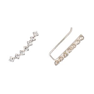 Earring, Create Compliments&reg;, sterling silver and glass rhinestone, clear, 19x4mm left- and right-facing curved ear climber, 23 gauge. Sold per pair.