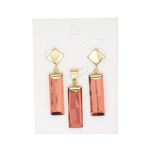 Pendant and earring, glass and gold-finished stainless steel, burgundy red, 31x10mm faceted rectangle pendant, 29mm earring with faceted rectangle and post. Sold per set.