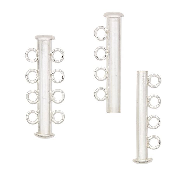 Clasp slide lock 1pkg1 sterling silver, 26x6mm tube, 4-strand image number 0
