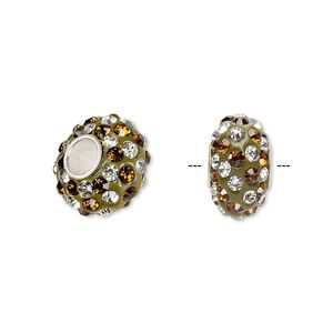 Bead 1pkg1 sterling silver, 13x8mm-14x8mm rondelle / spiral, epoxy / glass rhinestone / root beer / clear Dione&reg;
