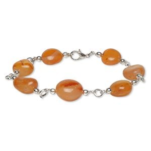 Bracelet, red agate (dyed) with silver-plated brass and steel, small to medium hand-cut nugget, 7 inches with lobster claw clasp. Sold individually.