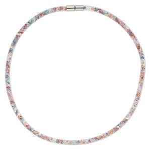 Necklace, nylon / acrylic / imitation rhodium-finished "pewter" (zinc-based alloy), white and rainbow, 4mm wide mesh, 18 inches with magnetic clasp. Sold individually.
