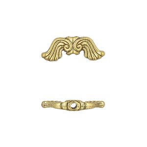 Bead 1pkg10 gold-finished "pewter", 19x7mm wing / 2sided, antique