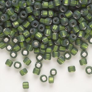 Seed bead, Dyna-Mites&trade;, glass, silver-lined translucent matte olive green, #6 round with square hole. Sold per 1/2 kilogram pkg.
