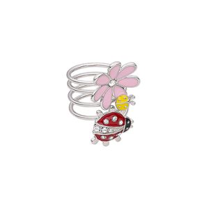 Ring, enamel / glass rhinestone / imitation rhodium-finished "pewter" (zinc-based alloy), multicolored, 35mm wide with ladybug and flowers, size 8. Sold individually.